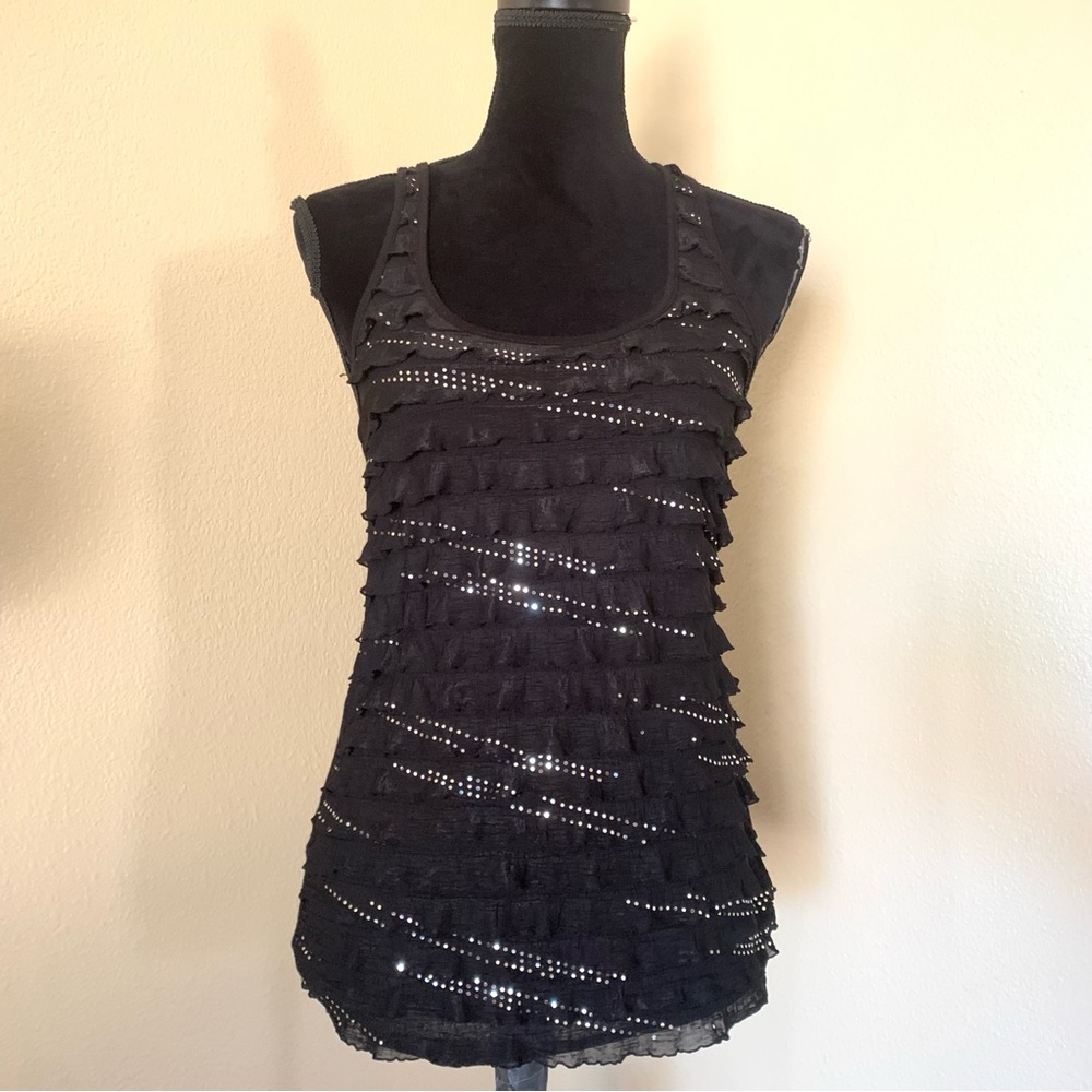Chic Black Ruffle Tank Top with Sparkling Accents